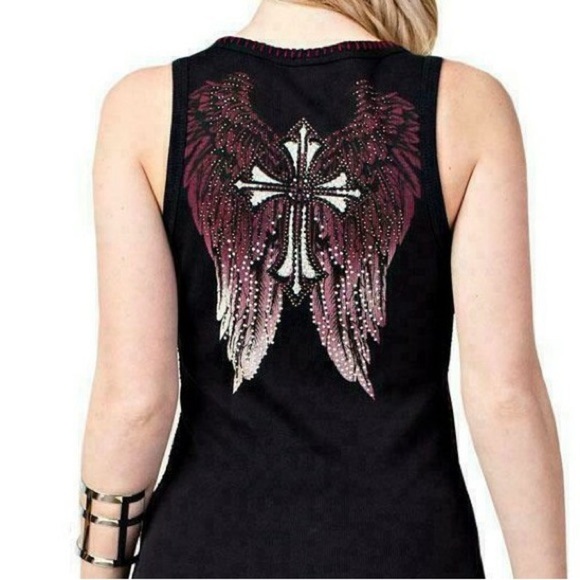 Vocal Black and Burgundy Winged Cross Tank Top - Picture 3 of 9